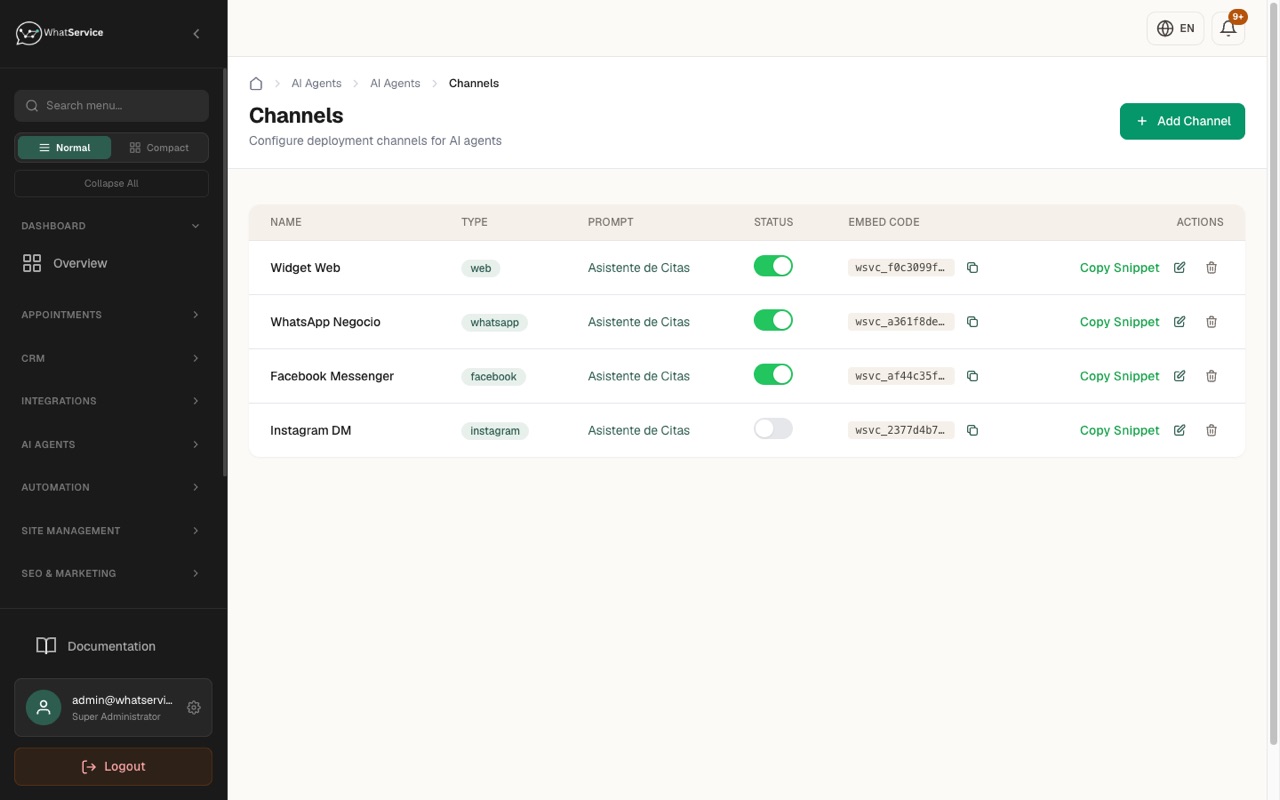 Integraciones: WhatsApp, Instagram, Messenger, Telegram, SMS, Gmail